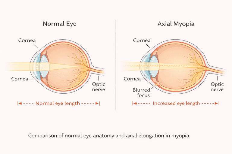 정상 안구와 축성 근시에서 안구 길이 증가를 비교한 평면 도식 이미지