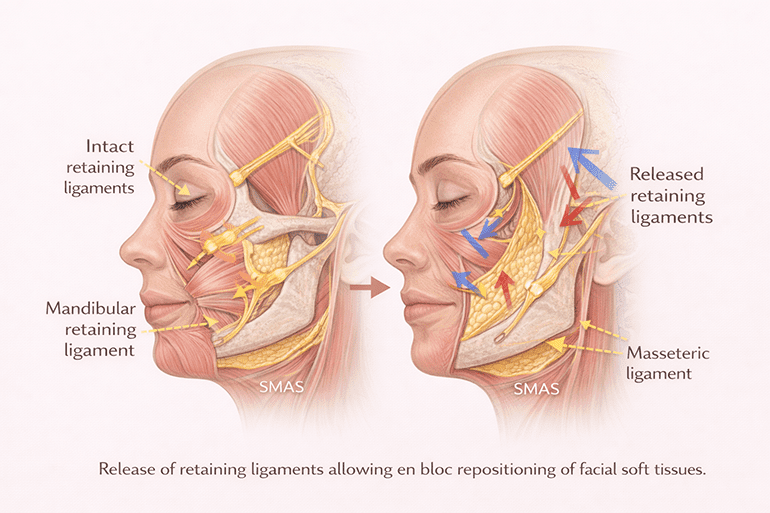 Deep plane facelift에서 유지인대를 해방하여 연부조직을 재배치하는 과정을 나타낸 도식