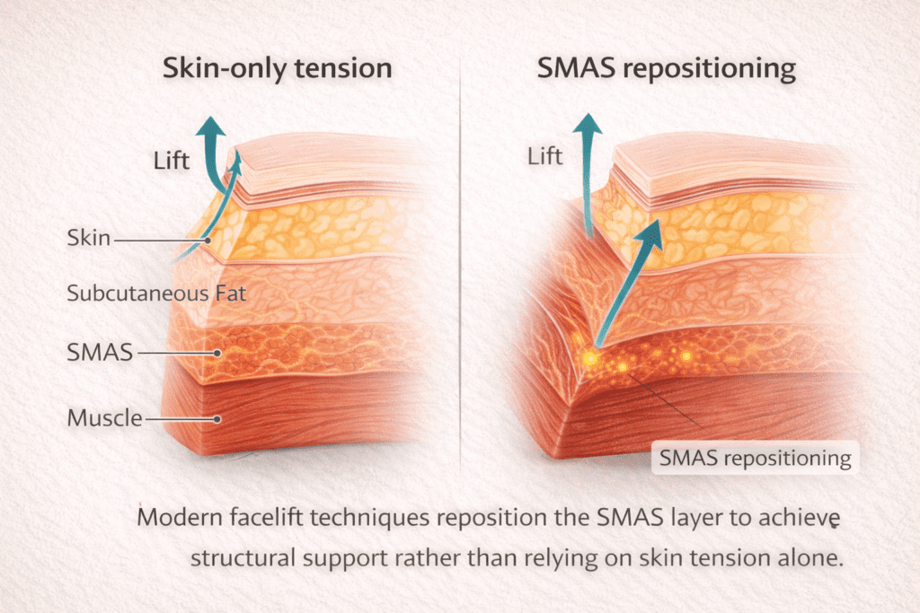 안면거상술에서 SMAS 재배치와 피부 단독 견인의 차이를 보여주는 해부학 도식
