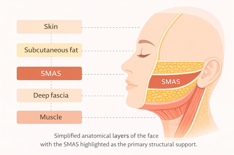 안면거상술에서 중요한 SMAS를 포함한 얼굴 해부학적 층 구조를 보여주는 평면 도식 이미지