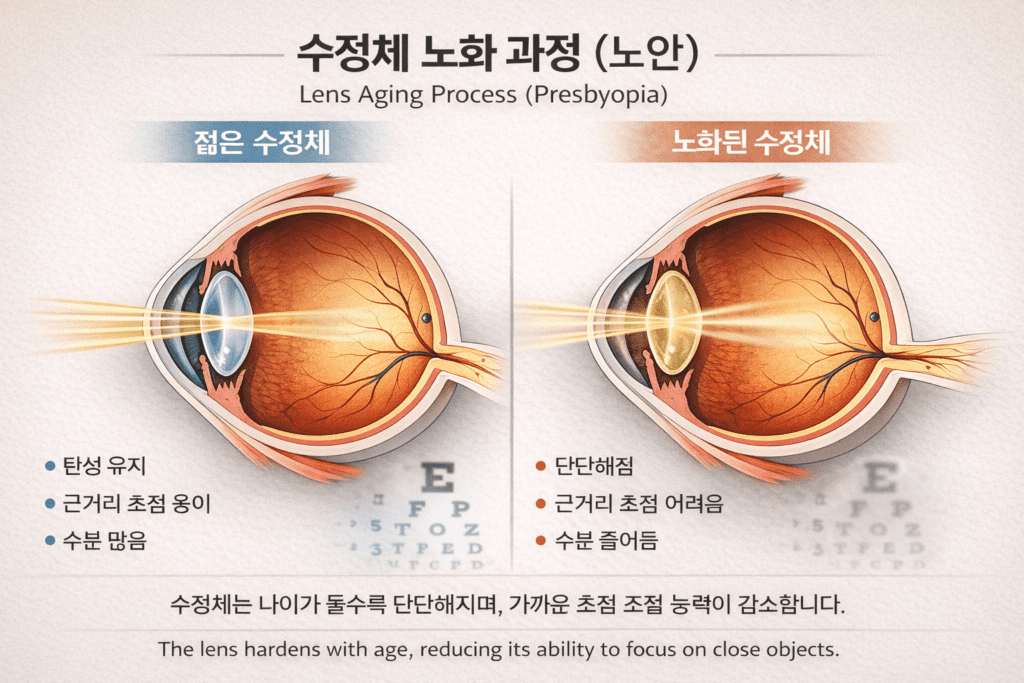 젊은 수정체와 노화된 수정체의 차이를 비교한 노안 발생 원리 설명 이미지