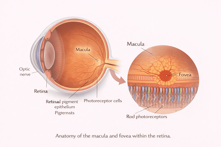 망막 중심부 황반과 중심와 구조를 나타낸 평면 해부학 도식