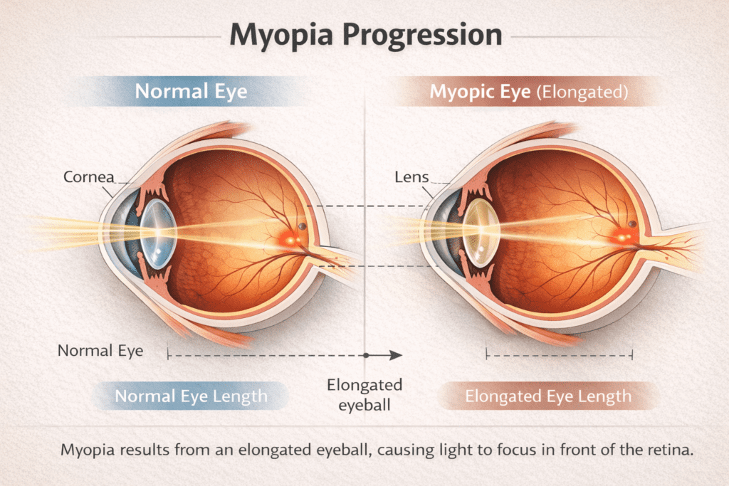 정상 안구와 근시 안구 길이 차이를 보여주는 근시 발생 기전 단면도