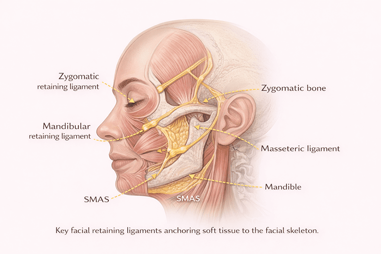 안면거상술에서 유지인대가 얼굴 연부조직을 골격에 고정하는 구조를 보여주는 평면 도식