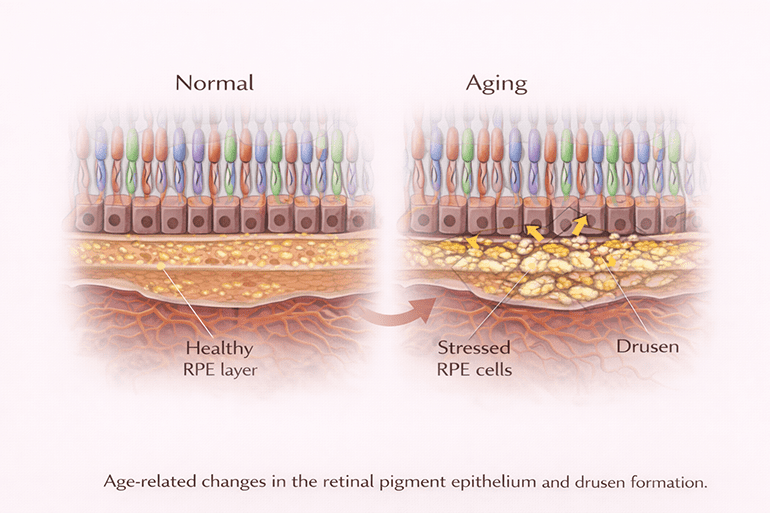망막 노화로 인한 RPE 기능 저하와 드루젠 형성을 나타낸 망막 단면 도식