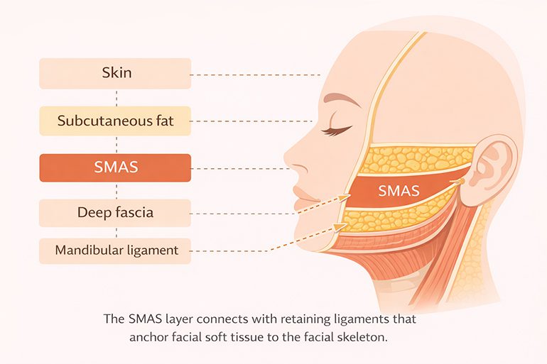 SMAS와 유지인대가 얼굴 연부조직을 지지하는 구조를 나타낸 평면 해부학 도식