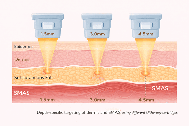 울쎄라 1.5mm, 3.0mm, 4.5mm 카트리지가 작용하는 피부 층 구조를 보여주는 평면 도식