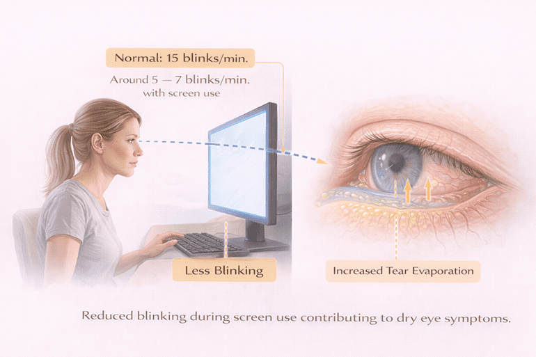 컴퓨터 사용 시 눈 깜빡임 감소와 눈물 증발 증가로 눈이 건조해지는 이유를 설명한 도식