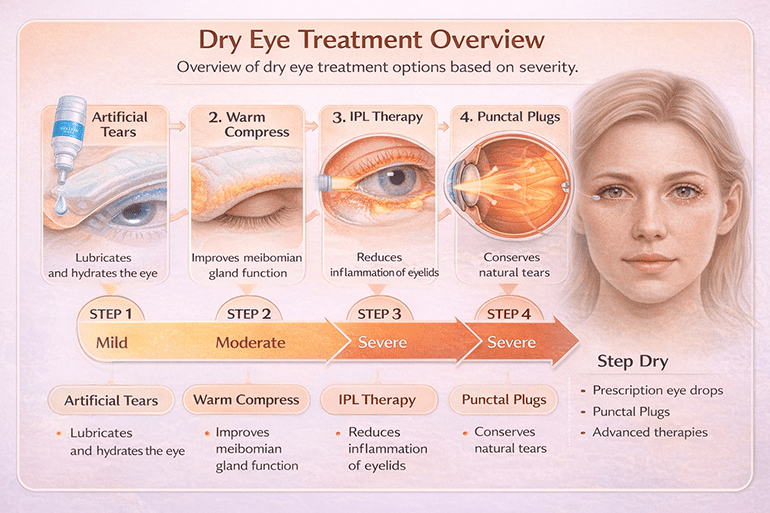 안구건조증 치료 방법을 단계별로 정리한 의학 도식