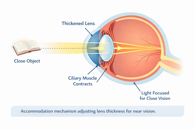 가까운 거리 초점을 위해 수정체가 두꺼워지는 조절 과정 도식