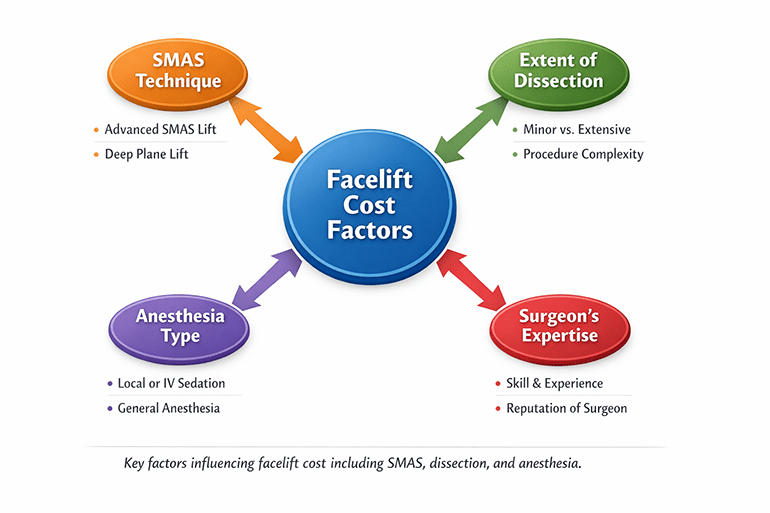 안면거상술 비용을 결정하는 주요 요소를 정리한 구조도