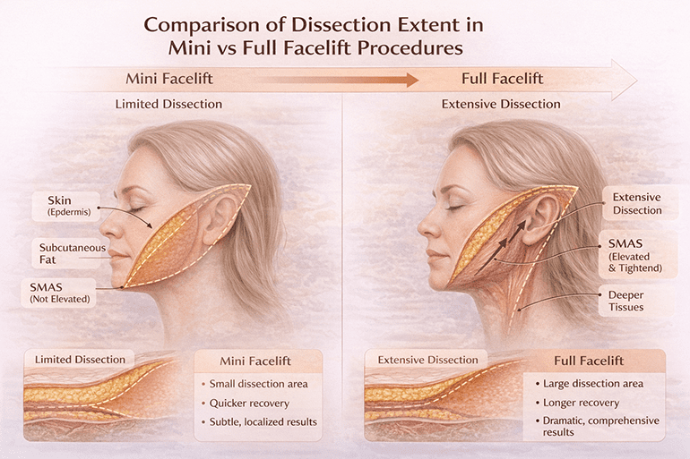미니 거상과 풀페이스 거상에서 박리 범위 차이를 나타낸 도식