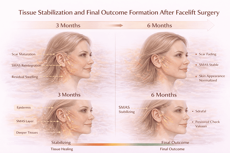 안면거상술 회복기간 후 조직 안정화와 최종 결과 형성 과정 도식