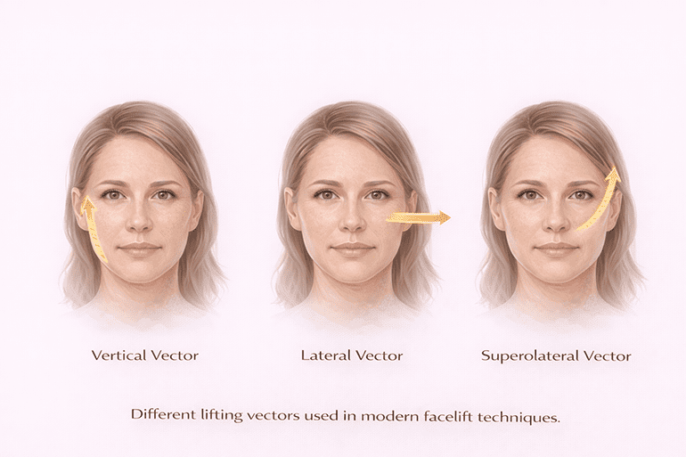 안면거상술에서 조직 이동 방향을 설명하는 리프팅 벡터 도식