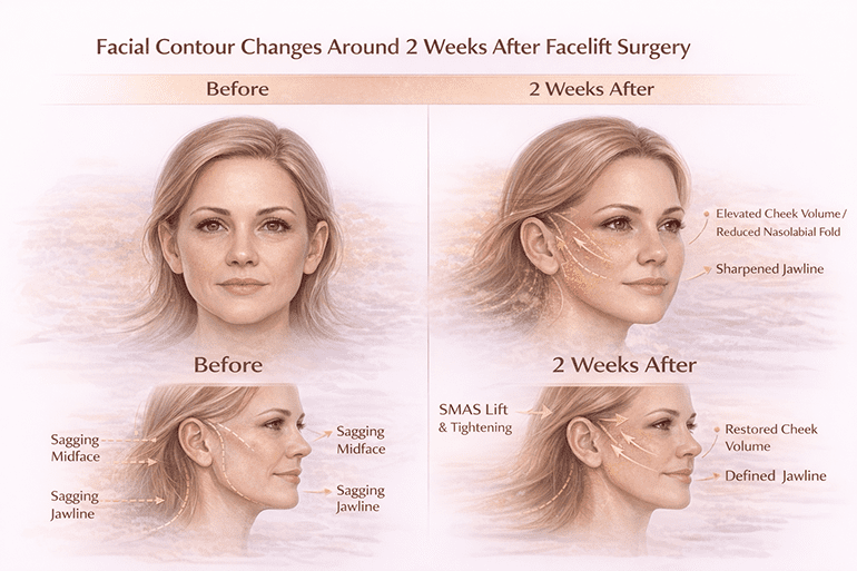 안면거상술 후 2주 시점 얼굴 윤곽 변화 비교 도식