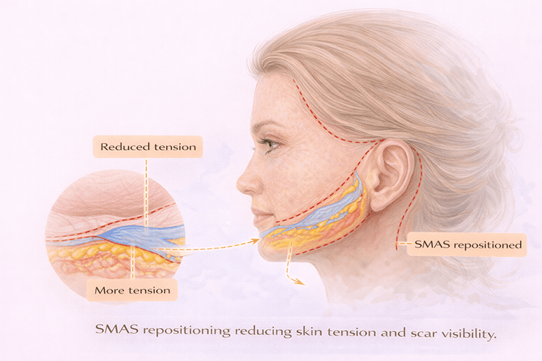 SMAS 리프팅이 피부 장력을 줄여 안면거상술 흉터를 최소화하는 과정을 설명한 도식