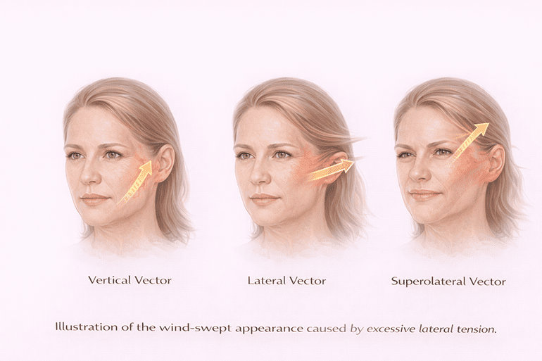 과도한 측면 리프팅이 부자연스러운 안면거상술 결과를 만드는 문제를 설명한 도식
