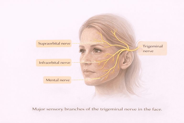 얼굴의 삼차신경 가지 분포를 설명하는 해부학 도식