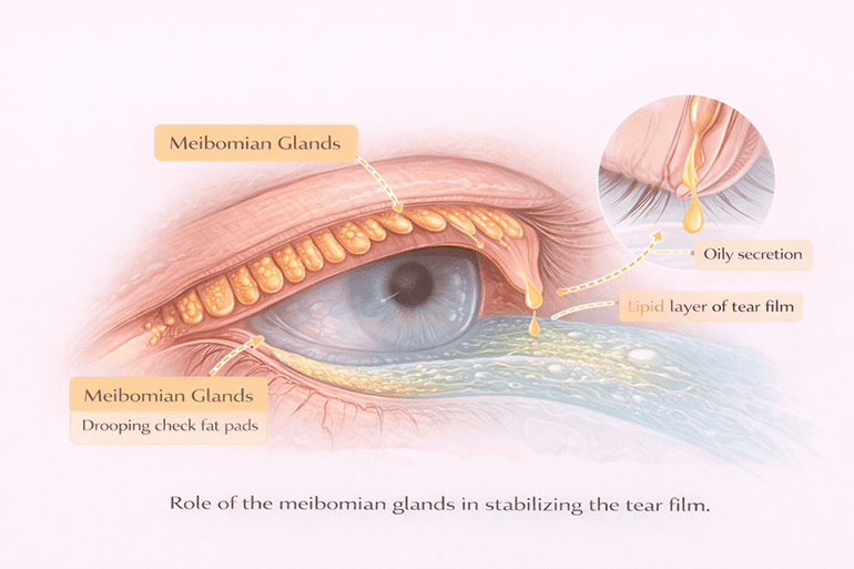눈꺼풀 마이봄샘이 눈물의 지질층을 형성하는 과정을 설명한 도식