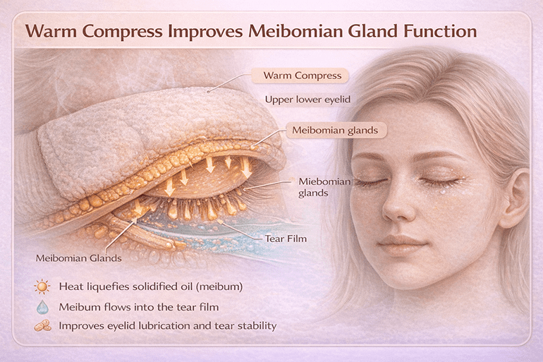 온찜질이 마이봄샘 기능 개선에 미치는 영향을 설명한 도식