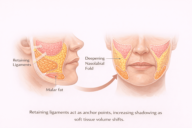 유지인대 고정점과 지방 구획 경계가 만들어내는 중안면 처짐과 팔자주름 대비를 설명한 도식