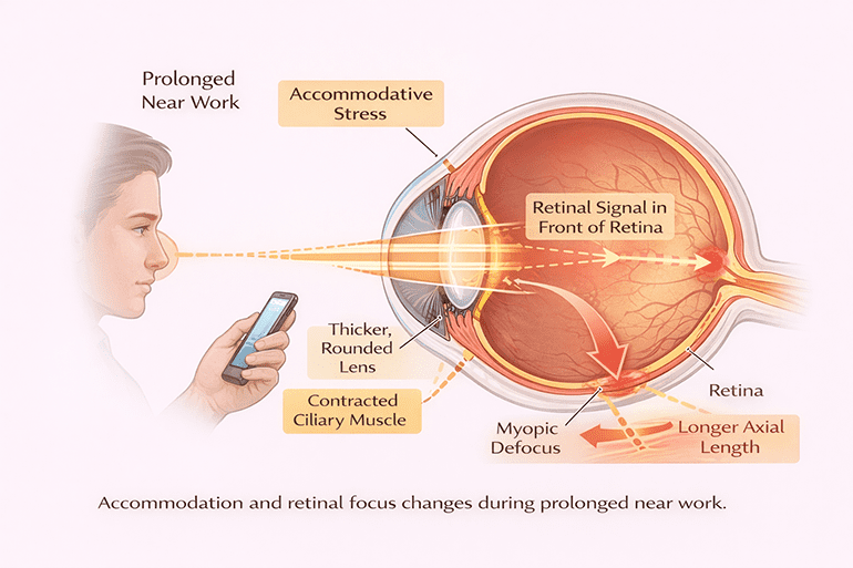 스마트폰 시력 저하, 근거리 작업 시 수정체 조절과 망막 초점 변화를 설명하는 눈 구조 도식