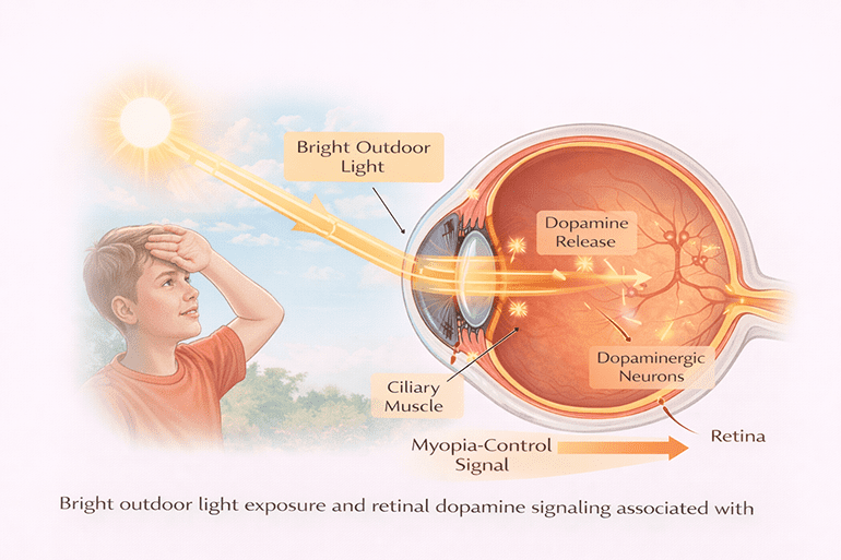 야외 활동 시 높은 광량과 망막 도파민 분비가 근시 진행에 미치는 영향을 설명한 도식