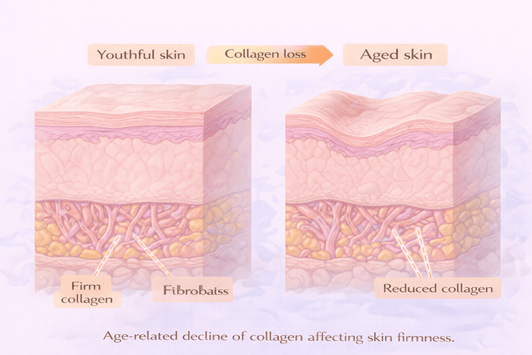 노화에 따른 콜라겐 감소와 피부 처짐을 설명하는 피부 구조 도식