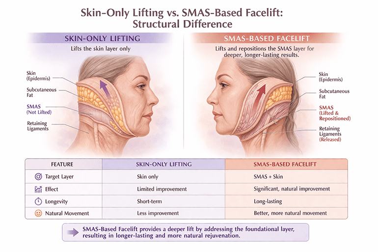 피부 리프팅과 SMAS 리프팅의 구조적 차이를 보여주는 도식