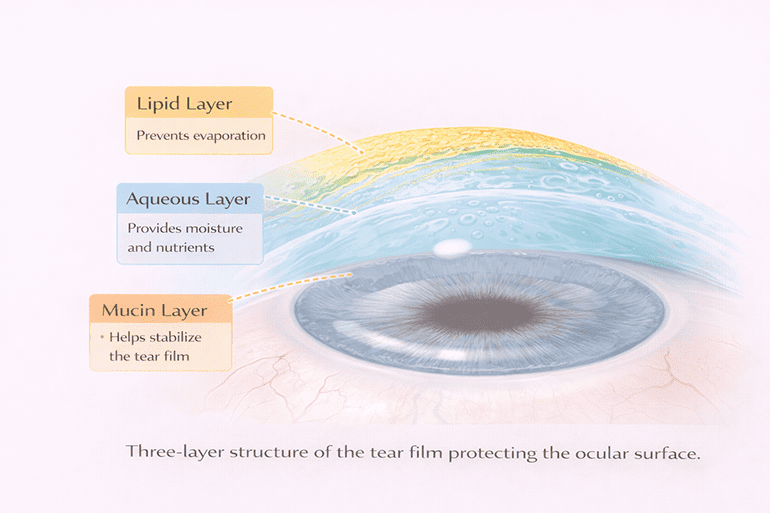 눈물막의 지질층 수성층 점액층 구조를 설명하는 눈 표면 단면 도식