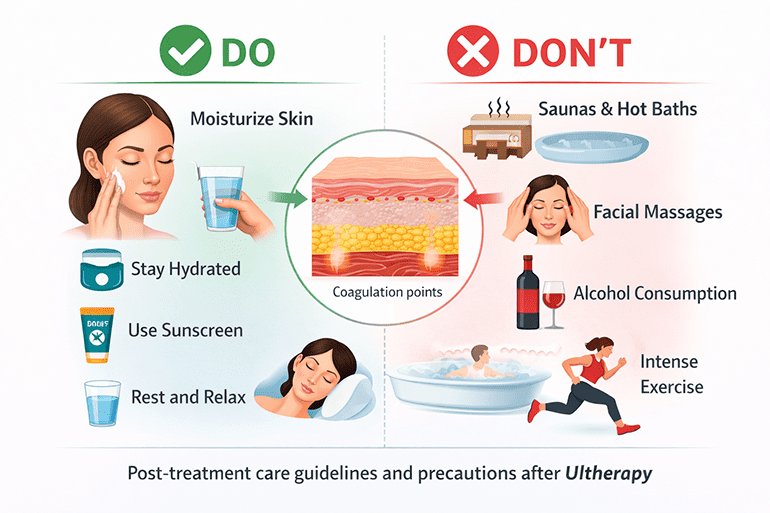 울쎄라 후 주의사항과 금지 행동을 비교한 의학 도식 이미지