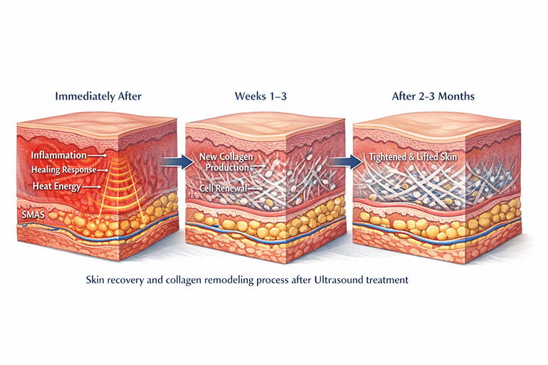 울쎄라 시술 후 피부 회복과 콜라겐 생성 과정을 보여주는 의학 도식 이미지