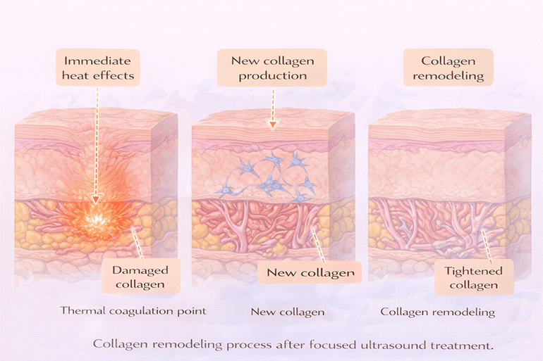 울쎄라 열 응고점 이후 콜라겐 리모델링 과정을 설명하는 피부 단면 도식
