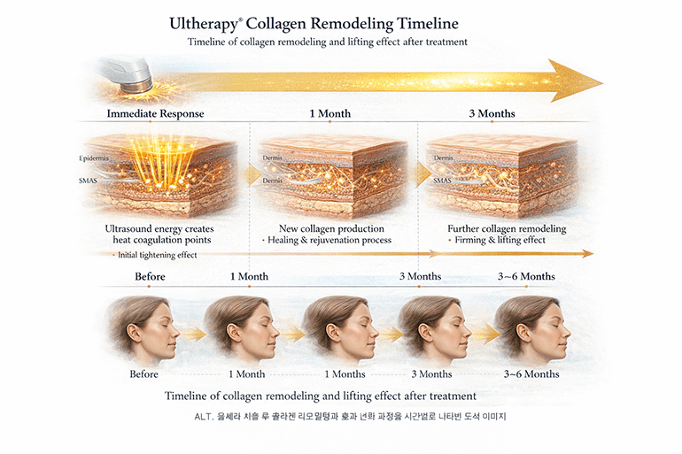 울쎄라 시술 후 콜라겐 리모델링과 효과 변화 과정을 시간별로 나타낸 도식 이미지