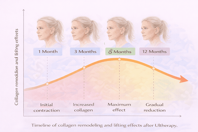 울쎄라 효과가 1개월 3개월 6개월 12개월에 걸쳐 나타나는 과정을 설명한 그래프