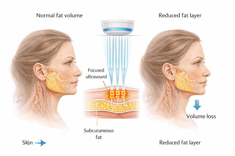 울쎄라 시술 후 지방 감소로 인한 얼굴 볼륨 감소를 보여주는 해부학적 도식 이미지