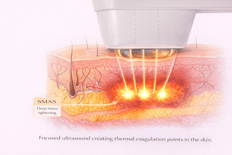 울쎄라 HIFU 에너지가 피부 내부에 열 응고점을 생성하는 과정 도식