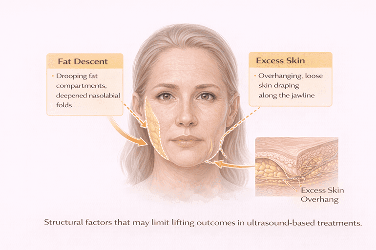 지방 하강과 피부 여분이 있는 얼굴에서 울쎄라 리프팅 효과가 제한될 수 있음을 설명하는 도식
