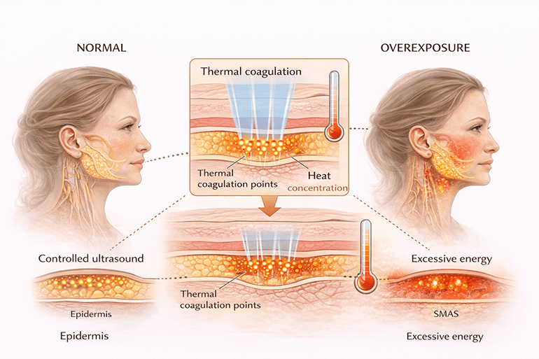 울쎄라 초음파 에너지 과다로 인한 피부 열 손상 메커니즘을 보여주는 의학 도식 이미지